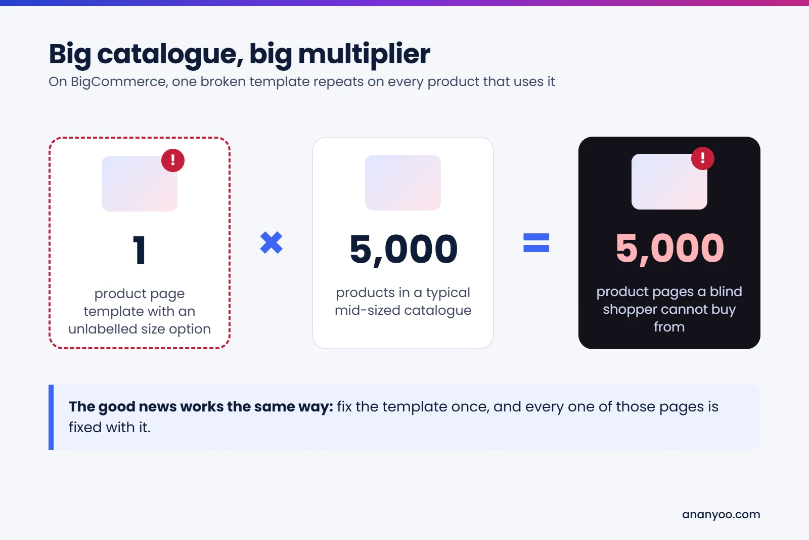 Big catalogue, big multiplier: 1 product page template with an unlabelled size option times 5,000 products equals 5,000 product pages a blind shopper cannot buy from. Fix the template once and every page is fixed.