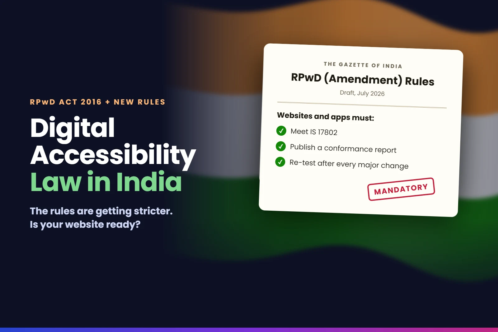 Digital accessibility law in India: a Gazette of India style card for the draft RPwD (Amendment) Rules, July 2026, saying websites and apps must meet IS 17802, publish a conformance report and re-test after every major change, marked mandatory, over a soft Indian tricolour.