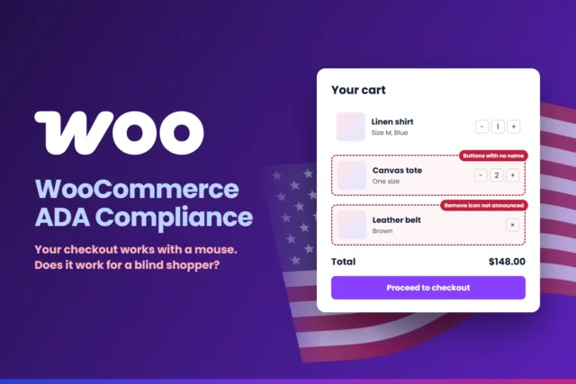 WooCommerce ADA compliance: the Woo logo above the line Your checkout works with a mouse. Does it work for a blind shopper? beside a cart with unnamed quantity buttons and an unlabelled remove icon, with a US flag flowing behind.