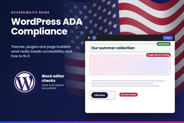 WordPress ADA compliance: the white WordPress logo beside the words Block editor checks, a block editor window marking a missing image alt text and an unclear Click here link, with a US flag flowing in the background.